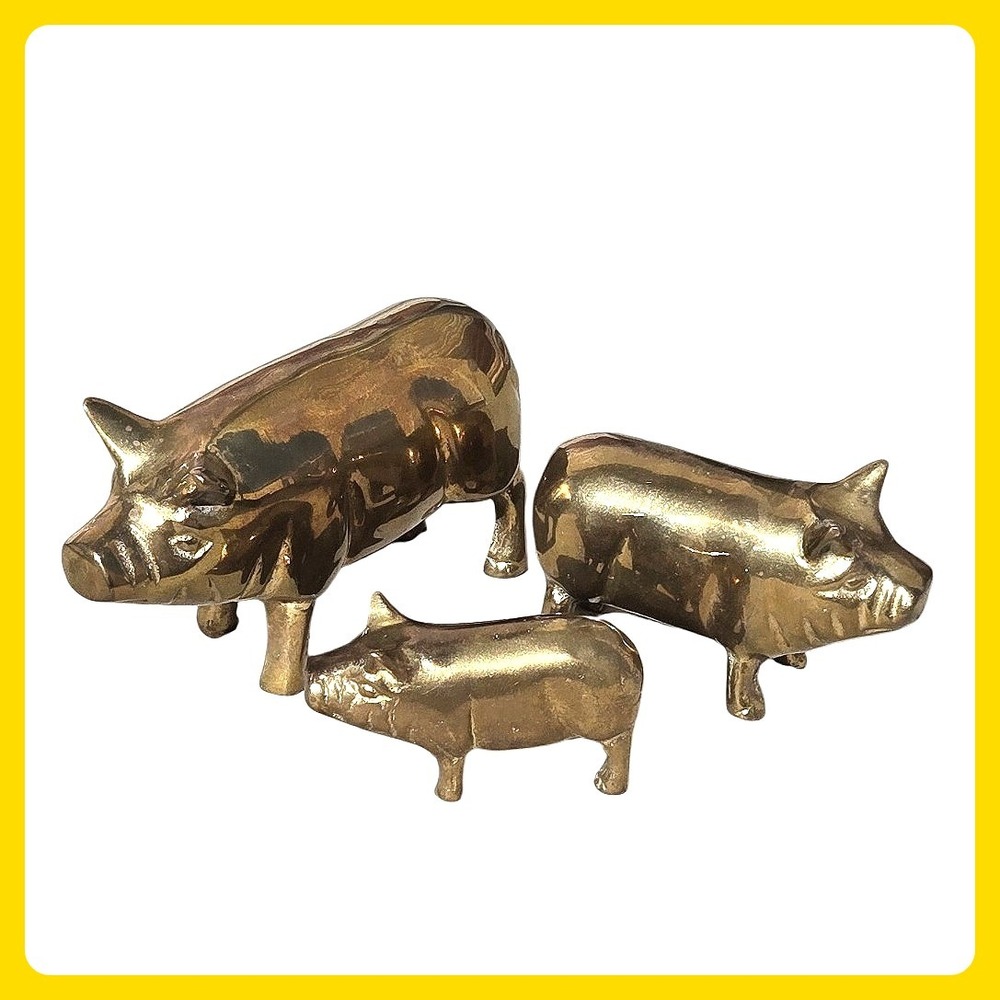Vintage Brass Pig Figurine Lot of 3 Mama Piggy Home Decor Farmhouse Decor‎ Lucky